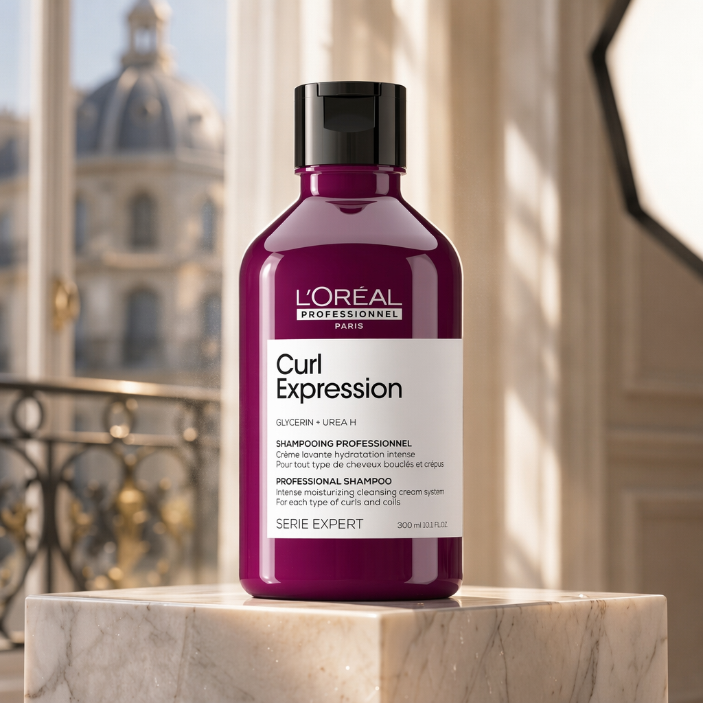 L'Oreal Curl Expression Shampoo hero shot on a marble plinth with a soft Parisian window behind it