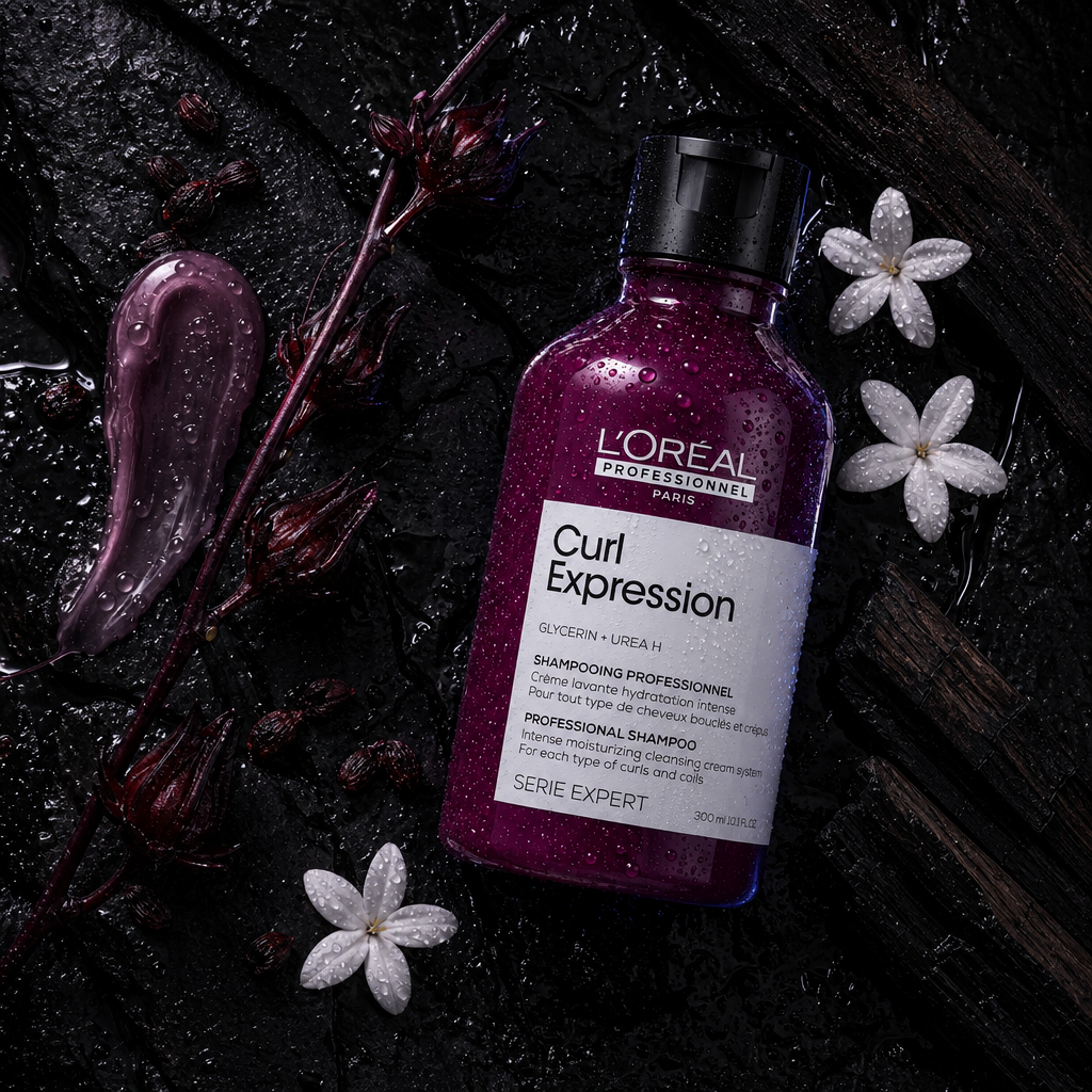 Macro flat-lay of the shampoo with a smear of product, hibiscus, and jasmine on a dark wet surface