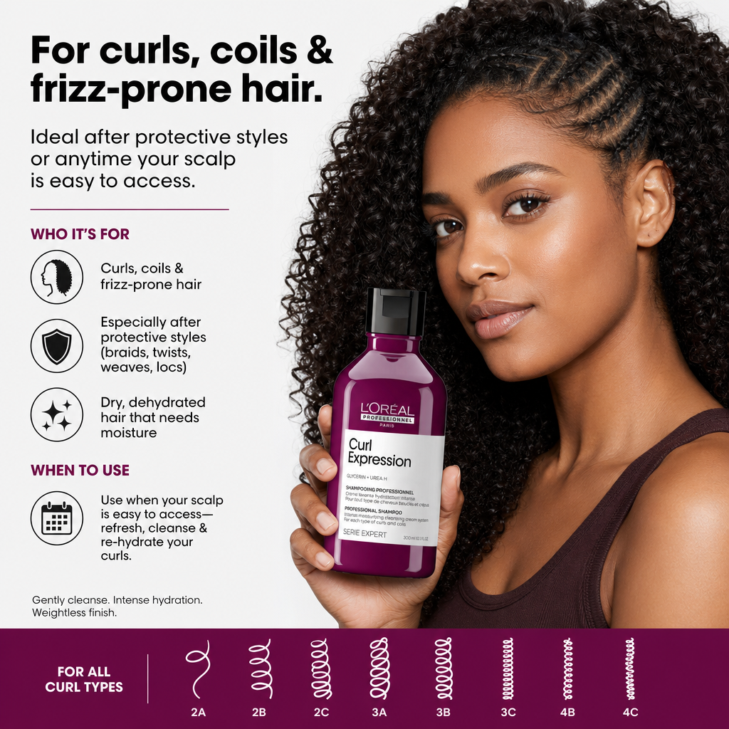 Infographic-style creative showing a model with curly hair holding the shampoo, with "For curls, coils and frizz-prone hair" and a curl-type chart
