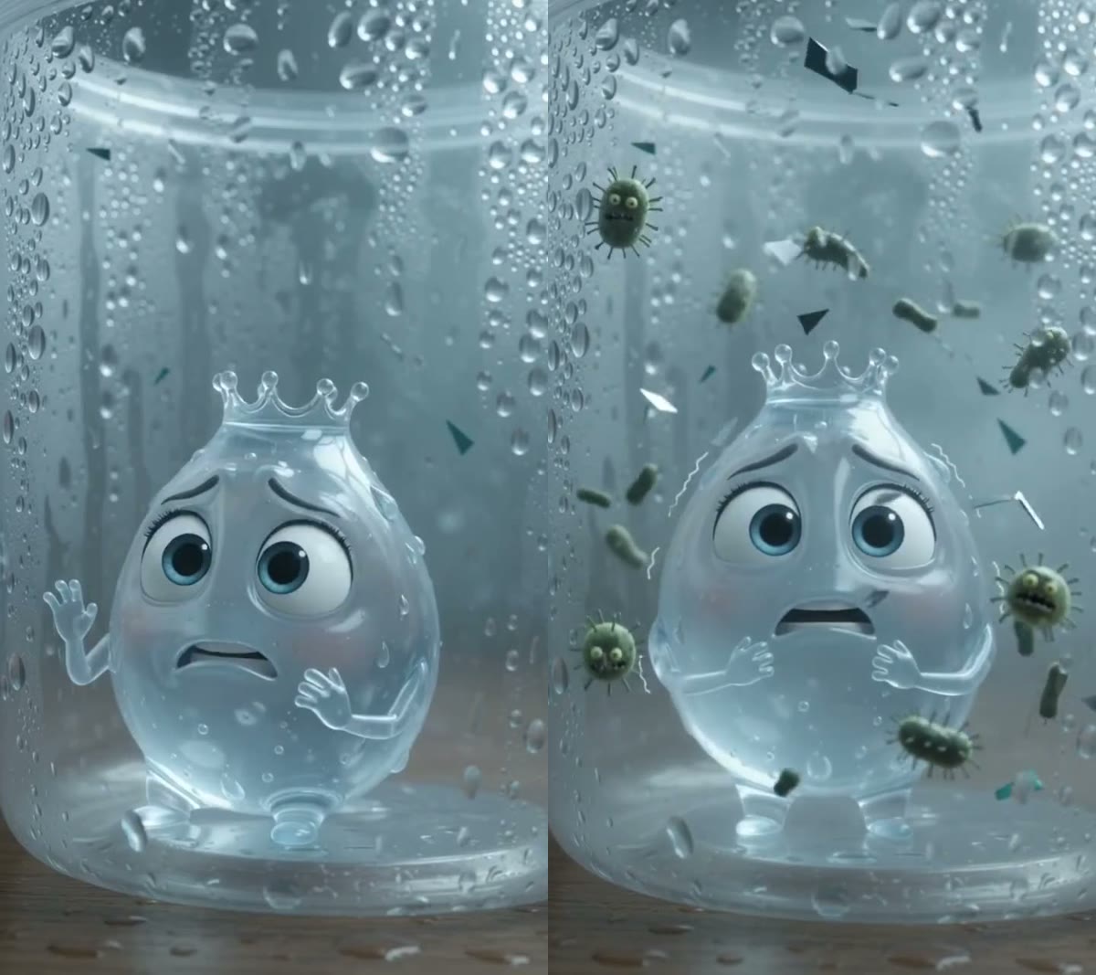 Two frames from the AI Pixar-style ad: the 3D water drop alone and frightened at the bottom of the bottle, then surrounded by green cartoon germs, wide-eyed and alarmed