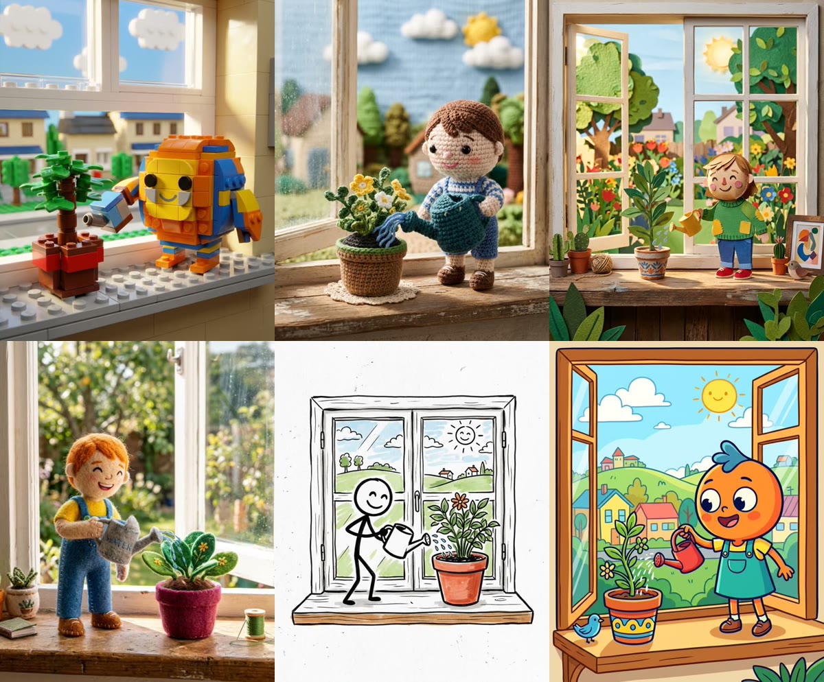 The same AI-rendered scene of a character watering a potted plant at a window in six styles: toy bricks, crochet, paper-craft, felt, black marker stick figure and flat 2D cartoon