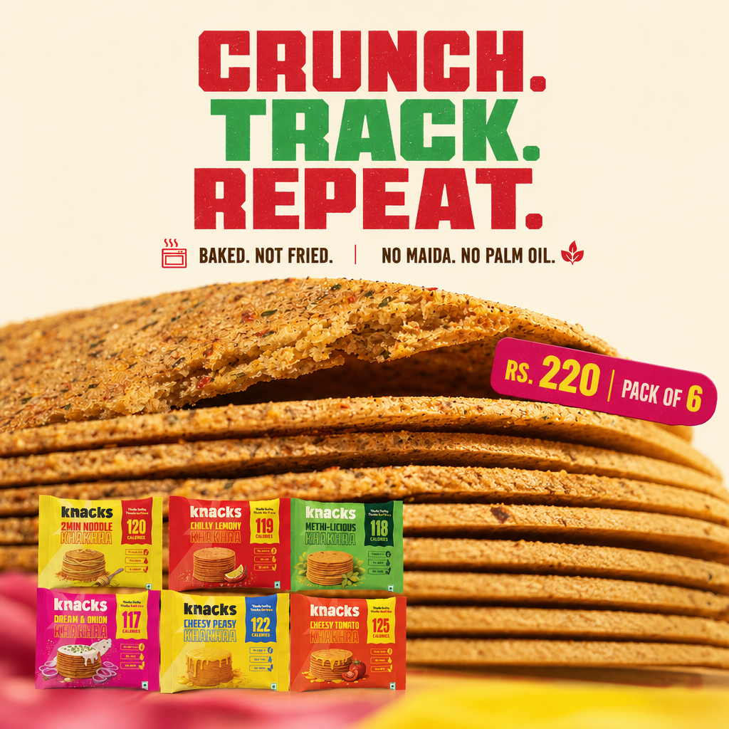 AI-generated Knacks khakhra ad with a stack of khakhras and calorie-labelled flavour packs, the headline "Crunch. Track. Repeat.," and "no maida, no palm oil" lines