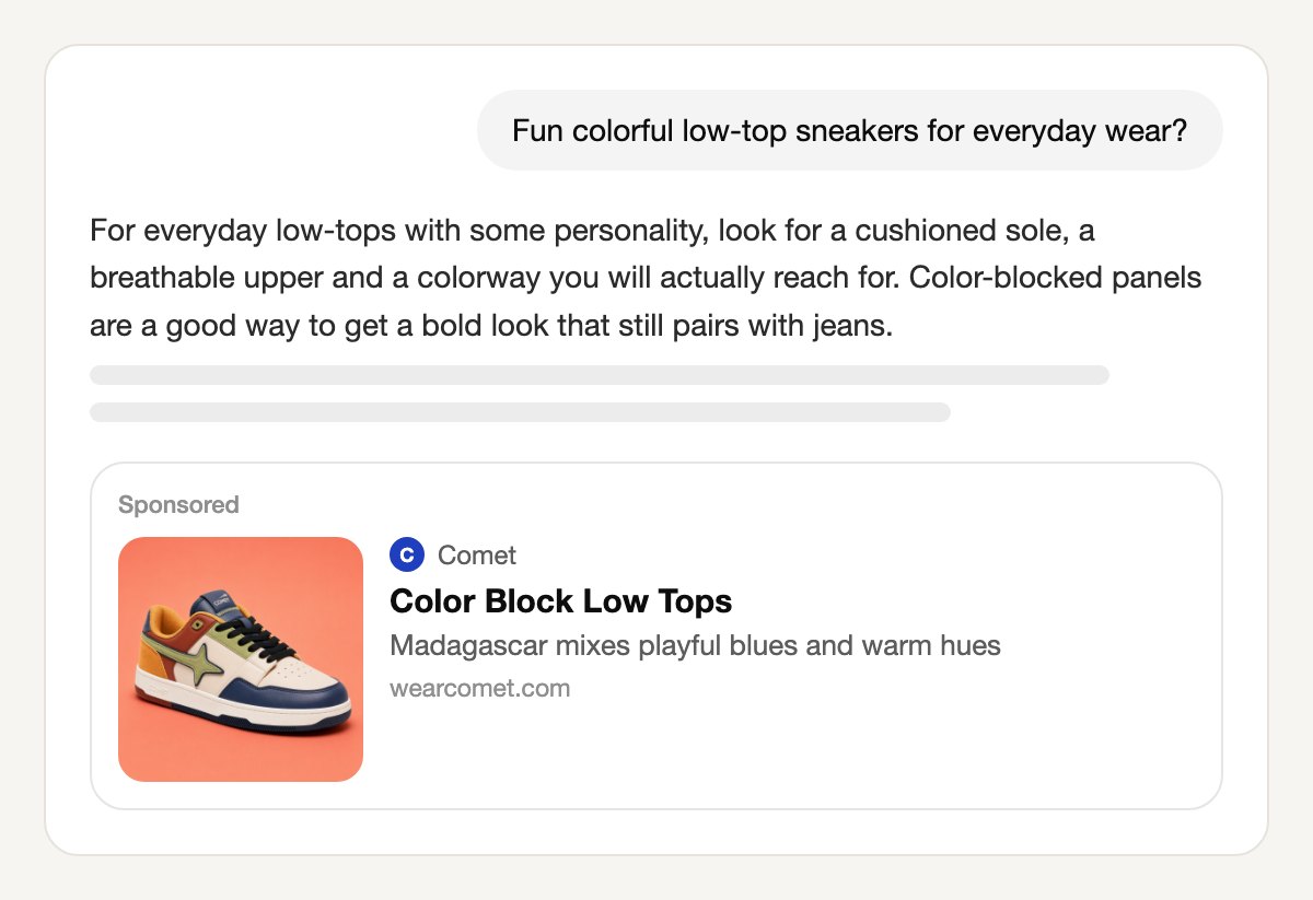 A ChatGPT conversation asking for fun colorful low-top sneakers for everyday wear, with a Sponsored card below the answer from Comet: a square image of a cream, navy and orange color-blocked low-top sneaker, the title Color Block Low Tops and the line Madagascar mixes playful blues and warm hues, linking to wearcomet.com