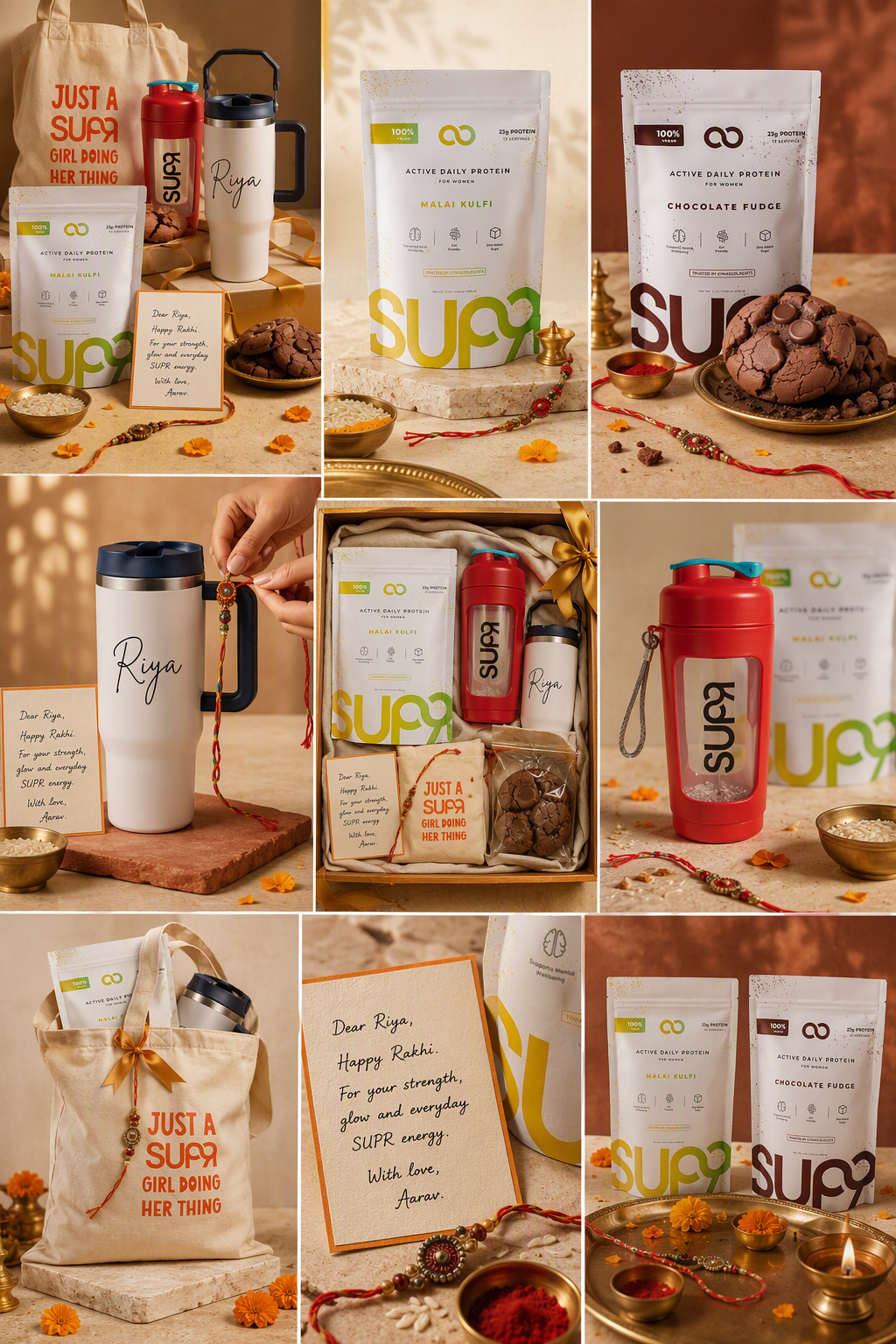 A 2:3 nine-frame product photography board for SUPR: the protein pouches in Malai Kulfi and Chocolate Fudge, the personalised tumbler, the red shaker, the tote and a handwritten Rakhi card, each styled on warm festive sets