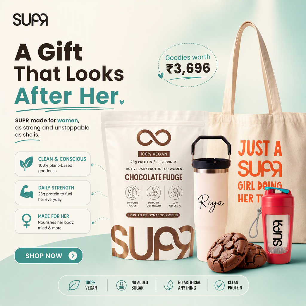 AI-generated SUPR ad creative headlined "A Gift That Looks After Her", with benefit callouts for 100% plant-based protein, 23g protein per serving and "made for her", beside the protein pouch, a personalised tumbler, a tote and a shaker