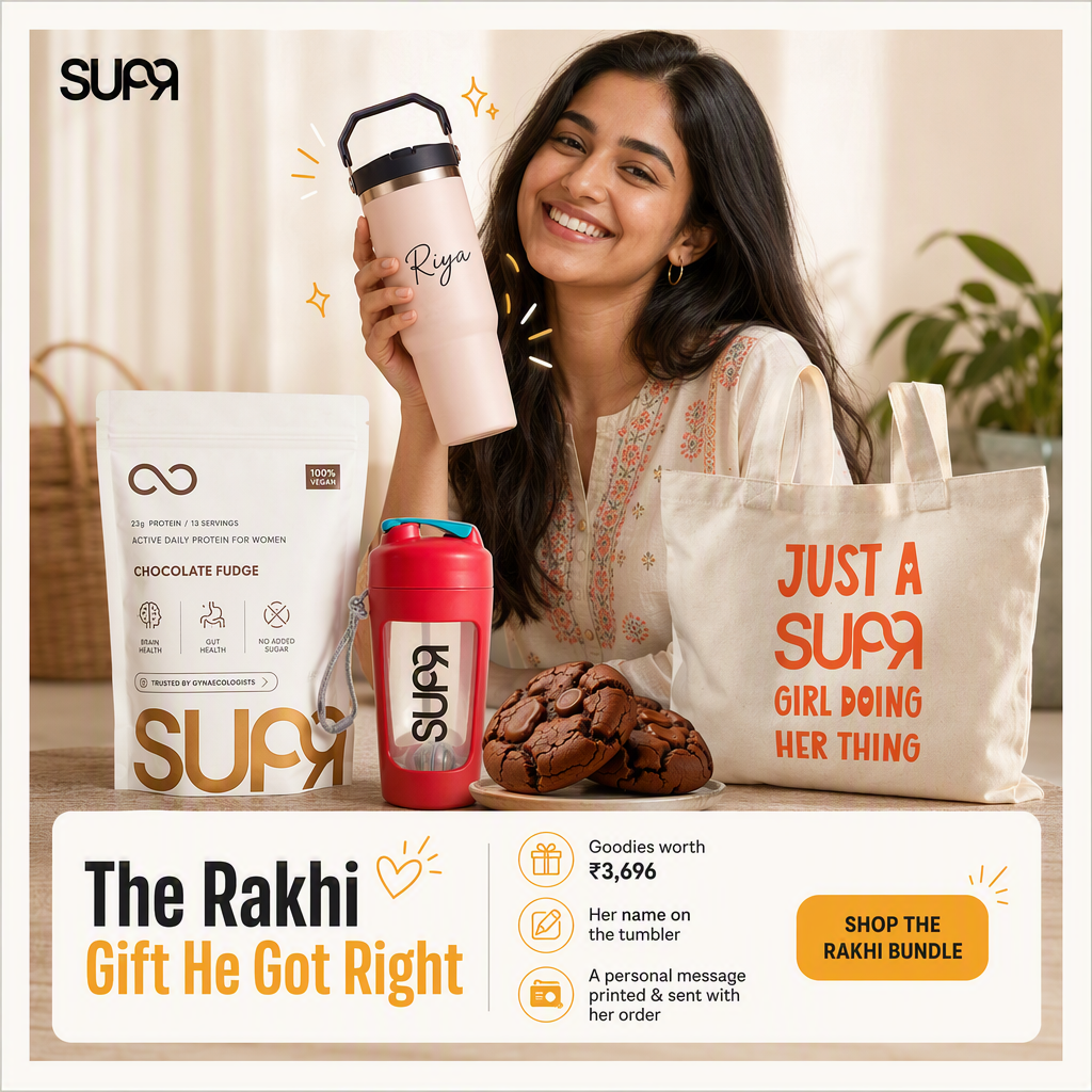 AI-generated SUPR ad creative headlined "The Rakhi Gift He Got Right", showing a smiling young woman holding a tumbler printed with her name, next to the SUPR pouch, shaker, cookies and tote, with a panel listing goodies worth ₹3,696, her name on the tumbler and a personal message