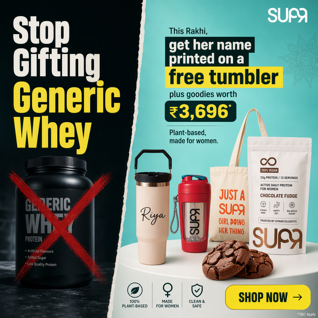 AI-generated SUPR ad creative headlined "Stop Gifting Generic Whey": a crossed-out generic whey tub on the left, and on the right SUPR's chocolate fudge protein pouch, a tumbler printed with the name Riya, a tote, a red shaker and cookies, with the offer "get her name printed on a free tumbler plus goodies worth ₹3,696"