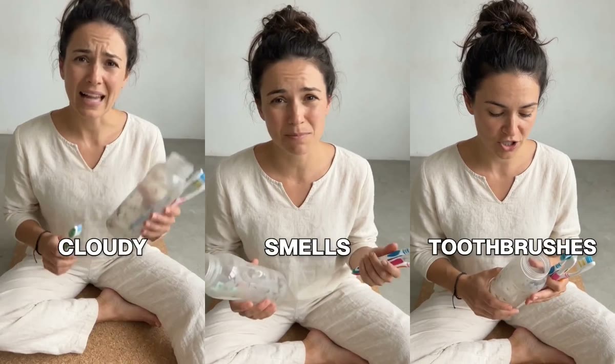 Three frames from the rough AI ad: the woman complains the bottle is cloudy, then that it smells, then shows the toothbrushes she has been scrubbing it with, with captions "Cloudy", "Smells" and "Toothbrushes"