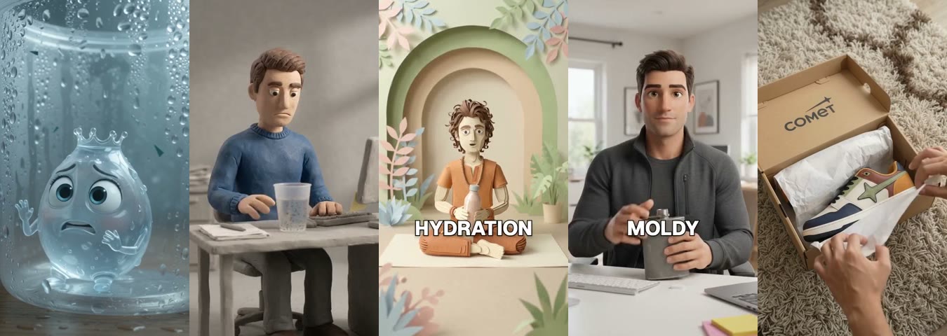 The first frames of five AI video ads: a sad 3D water drop in a plastic bottle, a glum clay man at a desk, a paper-craft figure inside layered paper arches, an animated man frowning at a moldy flask, and hands opening a Comet sneaker box