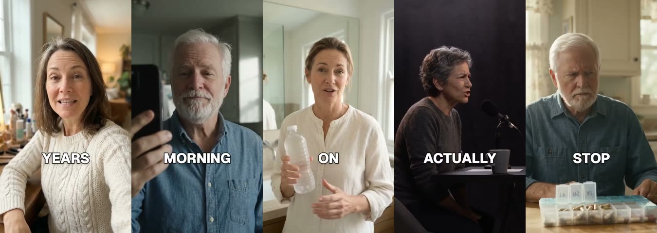 The first frames of five AI video ads with people talking: a woman filming a selfie review, an older man filming himself in a kitchen, a woman explaining with a plastic bottle, a podcast host mid-sentence, and an older man at a kitchen table glaring