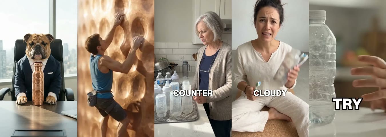 The first frames of five AI video ads: a bulldog in a suit at an executive desk, a tiny climber on a hammered copper surface, a woman at a counter crowded with plastic bottles, a woman holding a cloudy bottle and toothbrushes, and a hand reaching for a crumpled plastic bottle