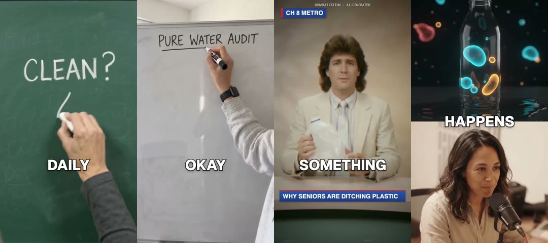 The first frames of four AI video ads: a hand chalking "Clean?" on a green board, a hand writing "Pure Water Audit" on a whiteboard, a 1980s TV host on "CH 8 Metro" with the lower third "Why seniors are ditching plastic", and glowing bacteria in a bottle above a podcast host
