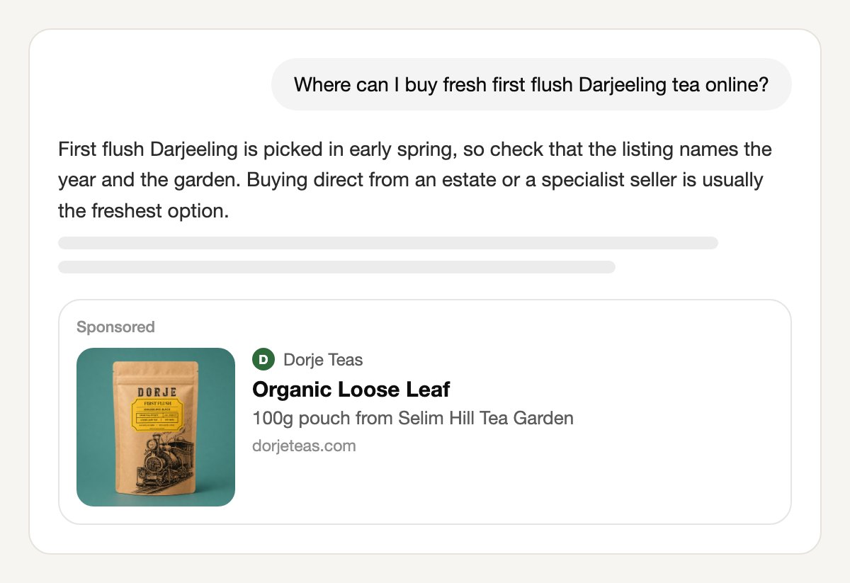 A ChatGPT conversation asking where to buy fresh first flush Darjeeling tea online, with a Sponsored card below the answer from Dorje Teas: a square image of a kraft First Flush tea pouch with a steam train illustration on a teal background, the title Organic Loose Leaf and the line 100g pouch from Selim Hill Tea Garden