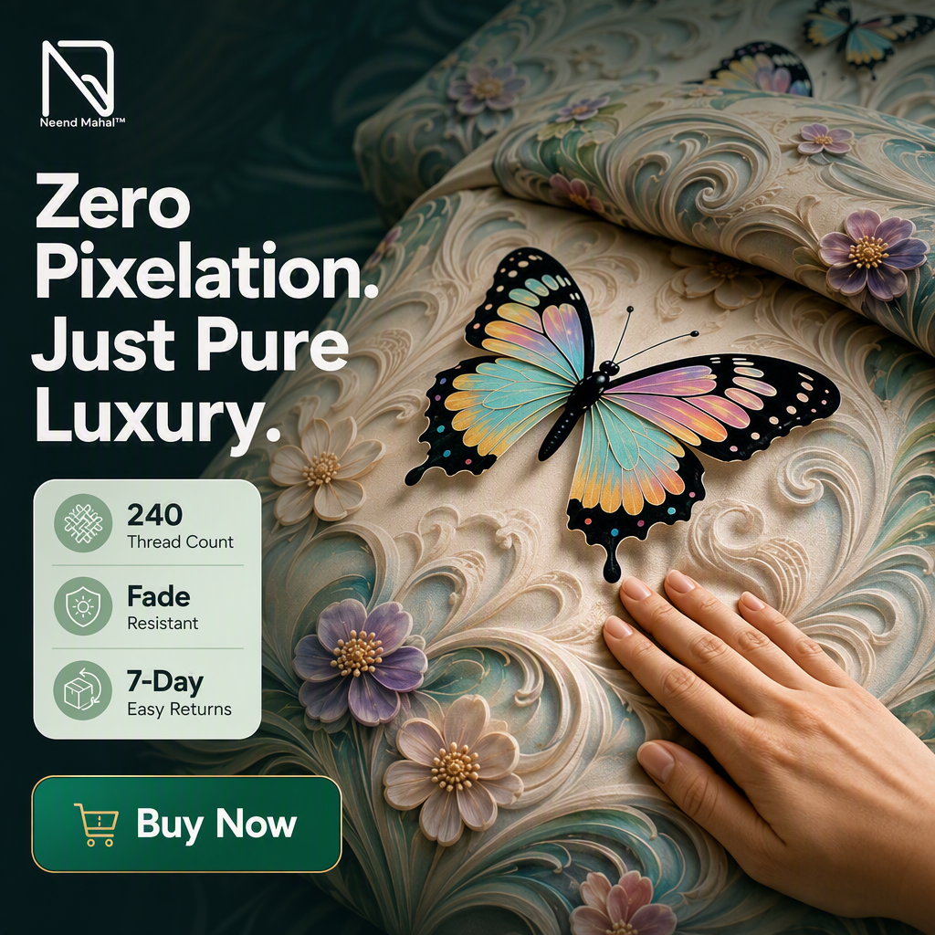 AI-generated Neend Mahal ad creative headlined "Zero Pixelation. Just Pure Luxury." showing a hand on a cream Whispering Butterflies bedsheet with a raised butterfly and floral print, beside badges for 240 thread count, fade resistant and 7-day easy returns