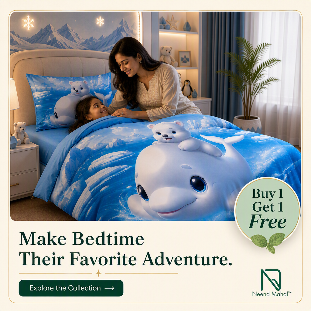 AI-generated Neend Mahal ad creative headlined "Make Bedtime Their Favorite Adventure." showing a mother tucking her daughter into a blue Arctic Friends bedsheet set printed with a cartoon beluga and polar bear, with a Buy 1 Get 1 Free roundel