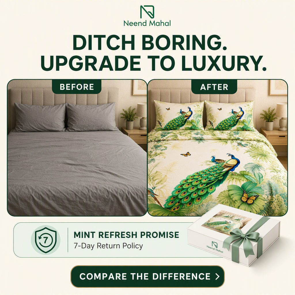 AI-generated Neend Mahal ad creative headlined "Ditch Boring. Upgrade to Luxury." with a before and after split: a plain grey bed beside the same bed dressed in a cream Royal Peacock bedsheet set with green peacocks and butterflies, a gift box, a 7-day return policy badge and a Compare the Difference button