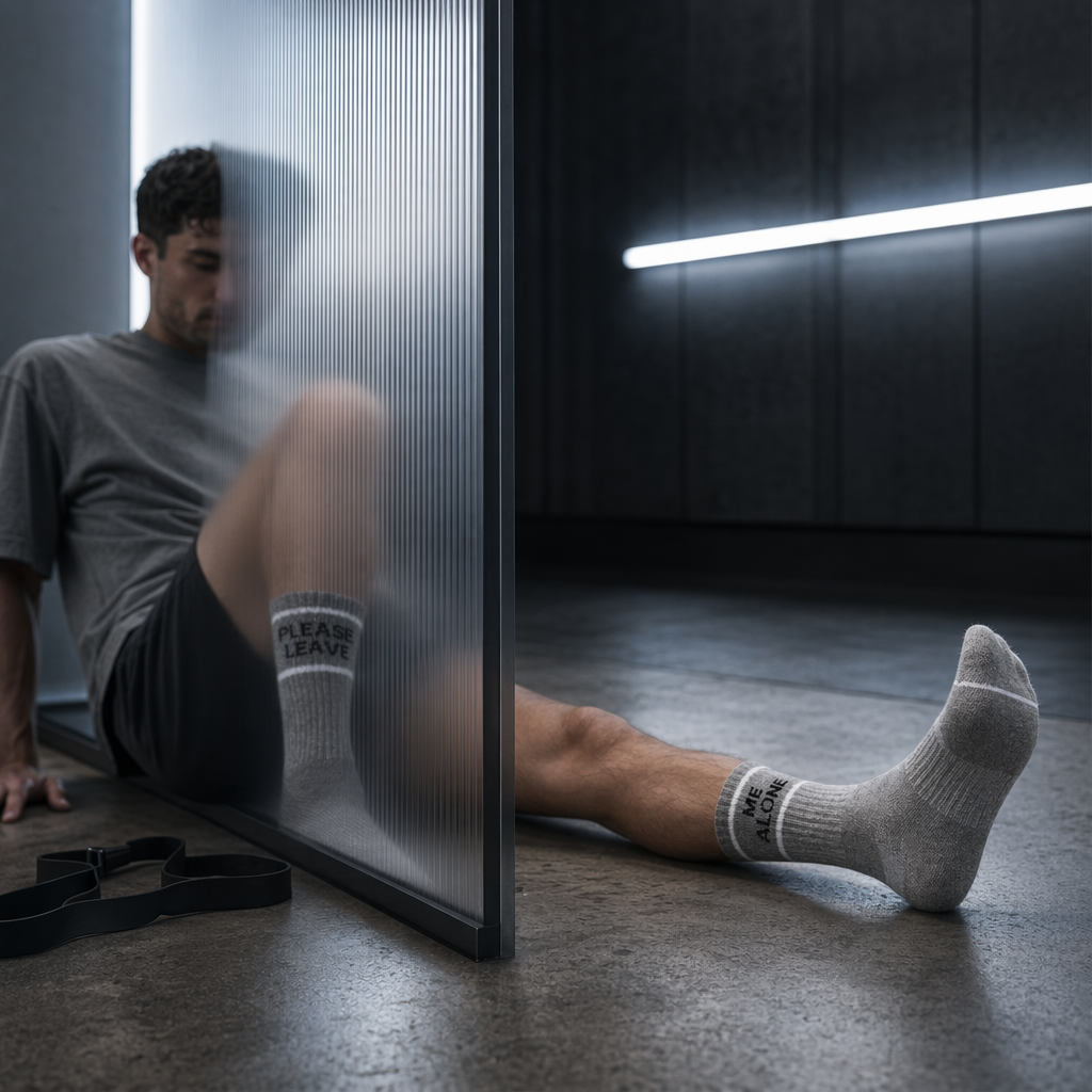 Clean 1:1 square of Soxytoes athletic socks worn in a dark studio corridor