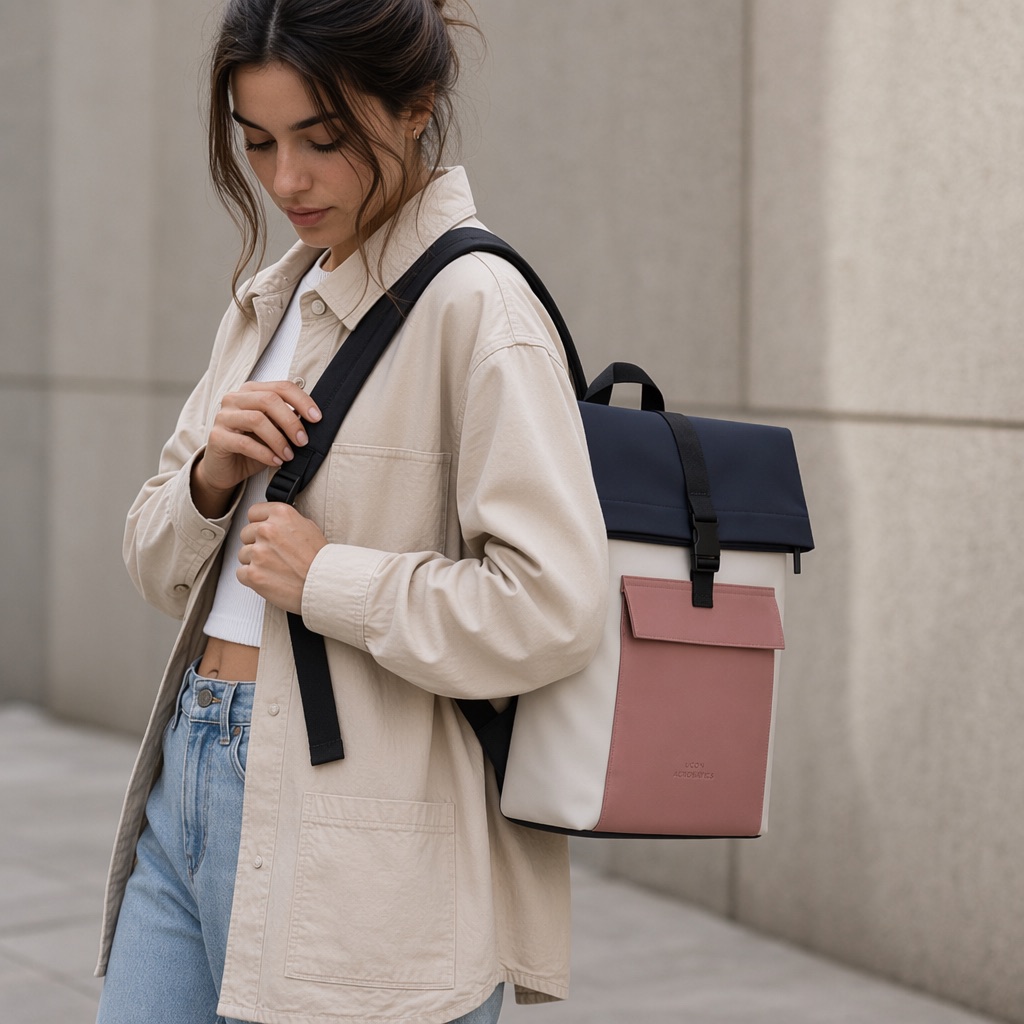 Clean 1:1 square of a two-tone roll-top backpack worn on a city street, no text baked into the image