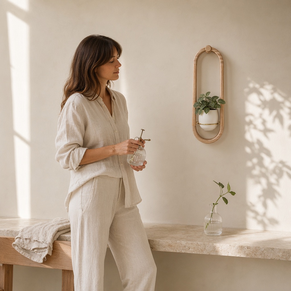 Clean 1:1 square of a model in cream linen loungewear in a sunlit room, no text baked into the image