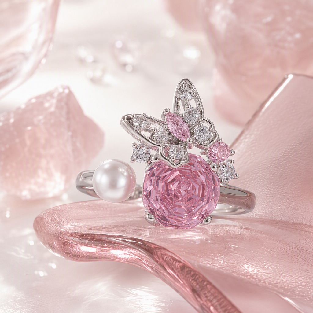 Clean 1:1 square of a pink gemstone ring on a glossy blush surface, no text baked into the image