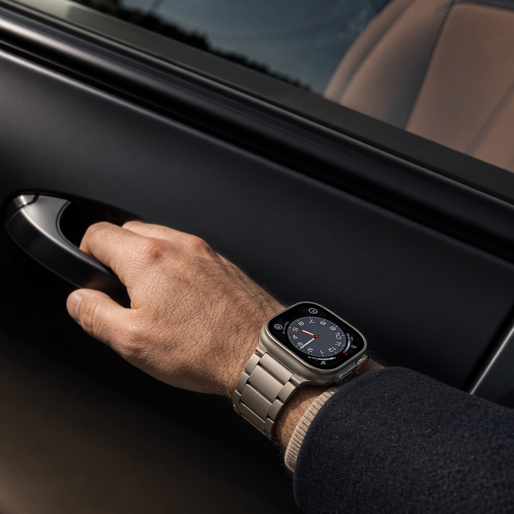 Clean 1:1 square of a steel bracelet watch worn against a dark leather surface, no text baked into the image