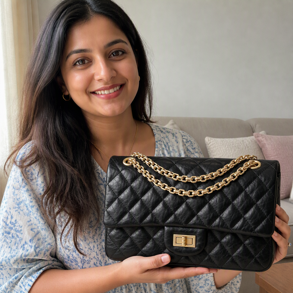 Clean 1:1 square of a black quilted leather shoulder bag held in natural light, no text baked into the image