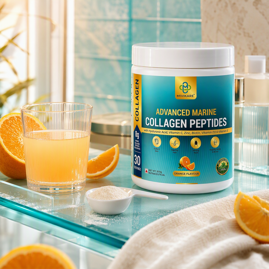 Clean 1:1 square of a Mivikare marine collagen peptides tub on a bathroom counter with fresh oranges