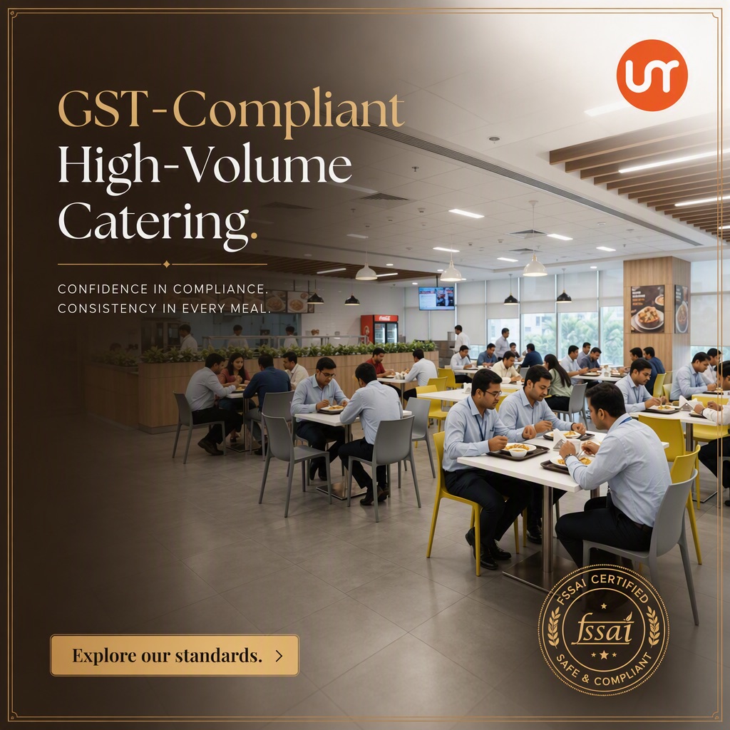 Urban Rasoi creative of a corporate dining hall, headlined GST-compliant high-volume catering