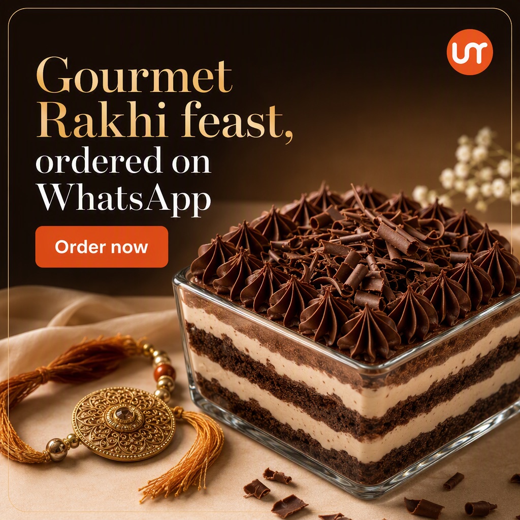 Urban Rasoi creative of a layered chocolate dessert, headlined Gourmet Rakhi feast ordered on WhatsApp