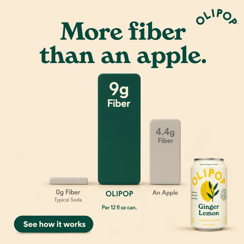 Fiber bar chart putting Olipop's 9g above an apple and typical soda