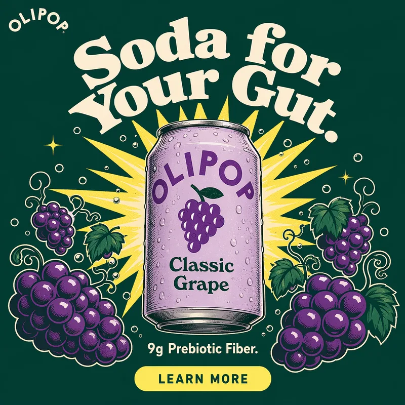 Retro sunburst poster reading 'Soda for Your Gut' around a Classic Grape can