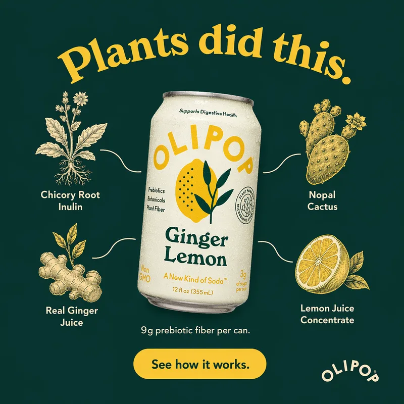Botanical callouts for chicory root, nopal cactus, ginger and lemon around a Ginger Lemon can