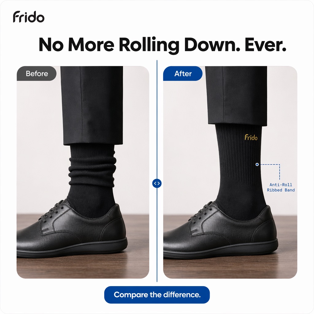 Frido creative comparing socks before and after wear, headlined No more rolling down, ever
