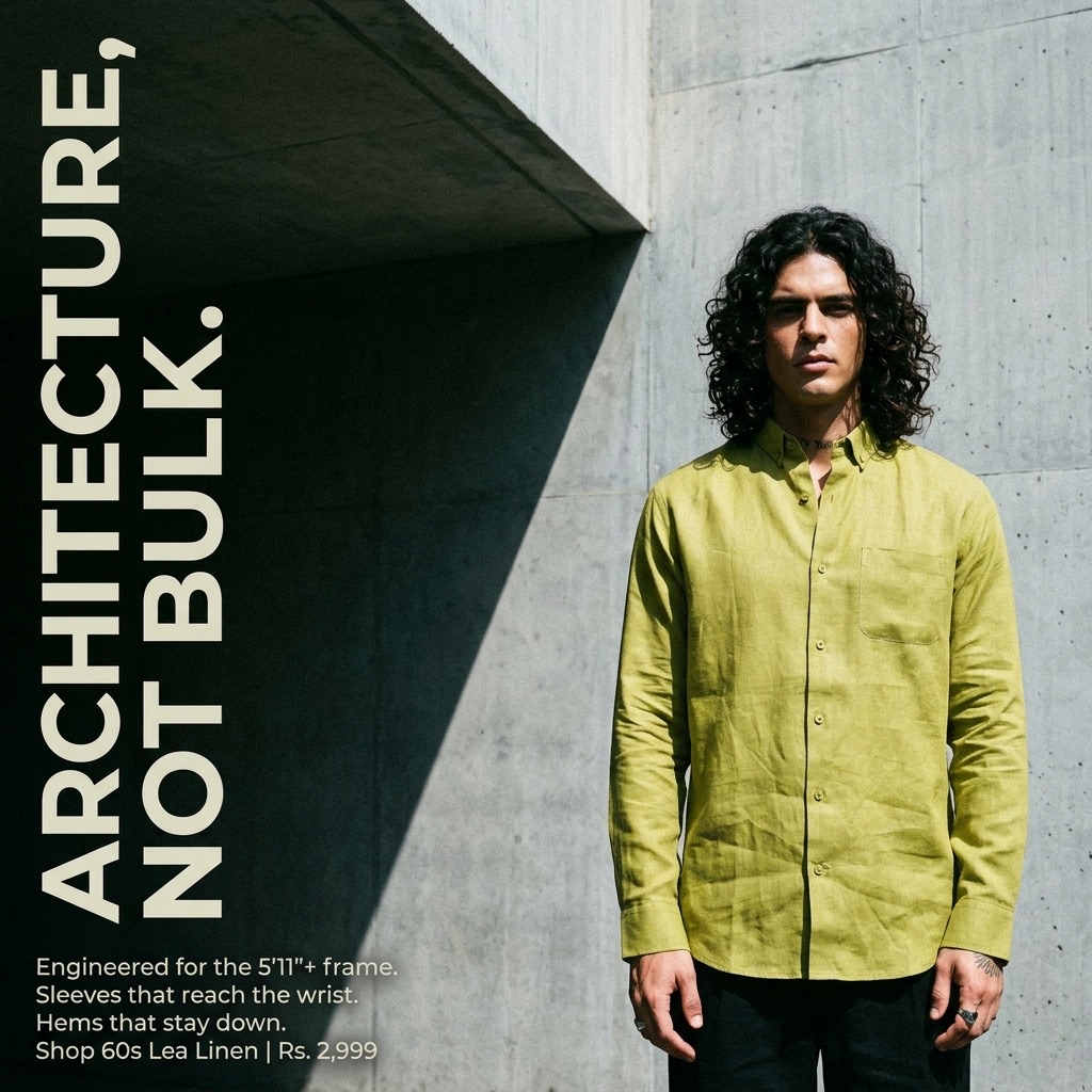 5feet11 menswear creative of a model in an olive linen shirt against concrete, headlined Architecture, not bulk