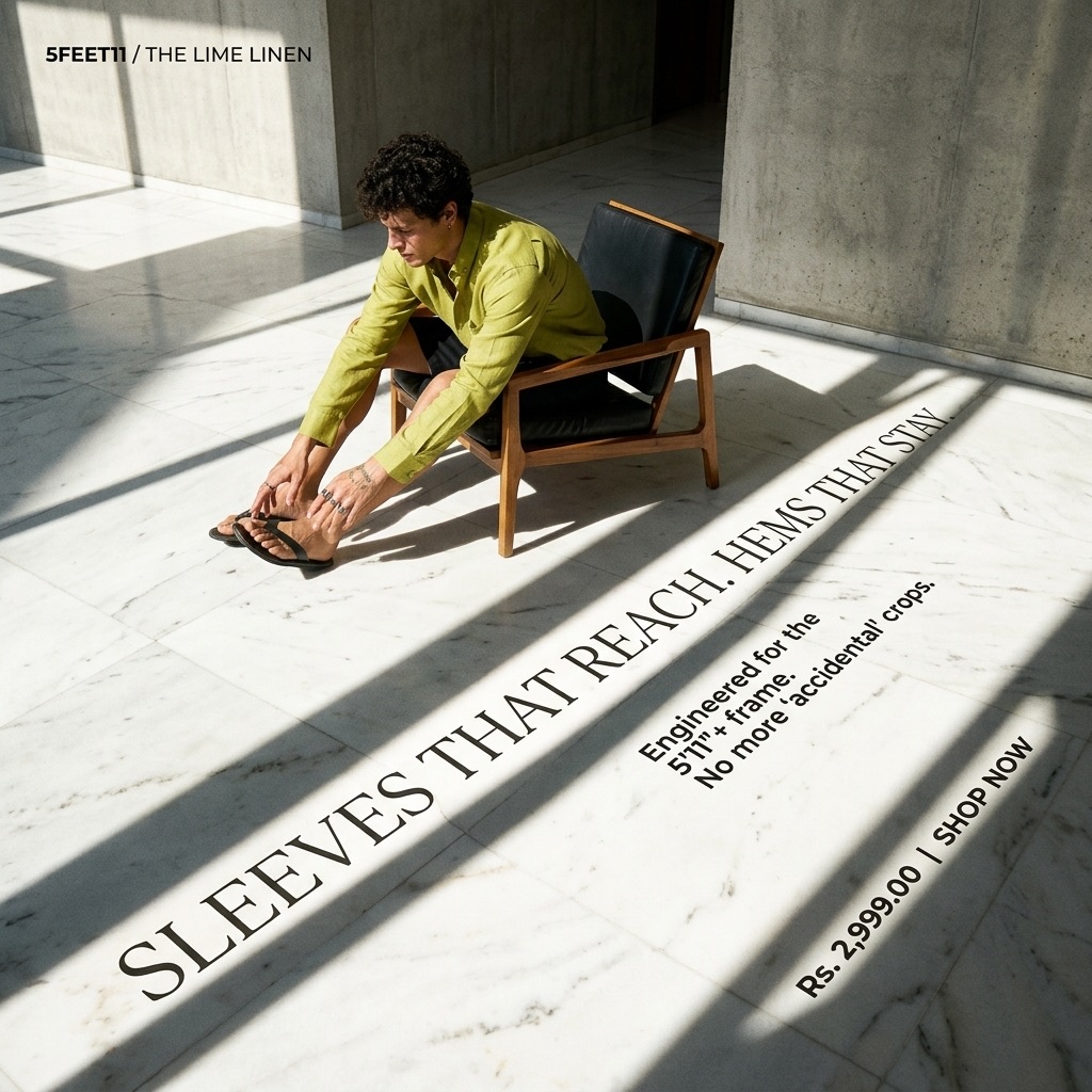 5feet11 creative of a seated model in hard shadow, headlined Sleeves that reach the wrist