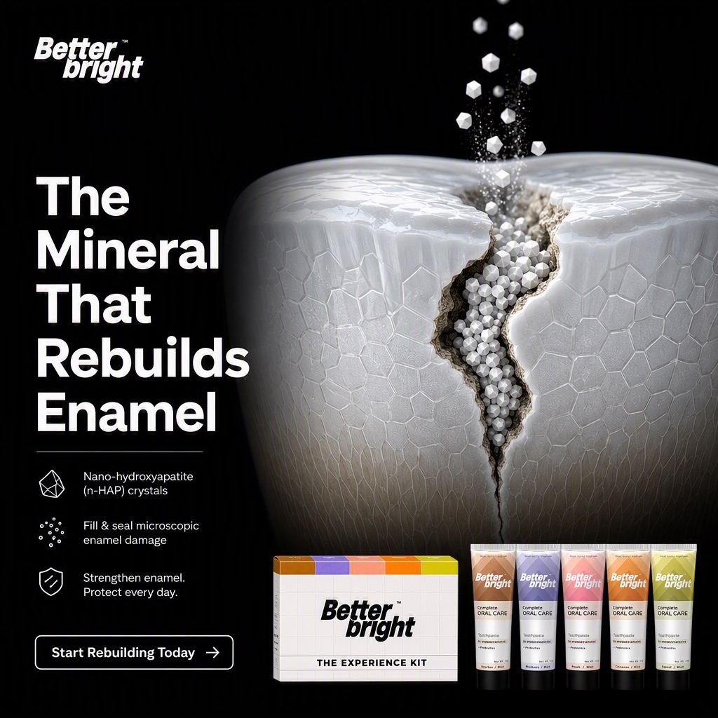 Better Bright creative of mineral toothpaste on a dark set, headlined The mineral that rebuilds enamel