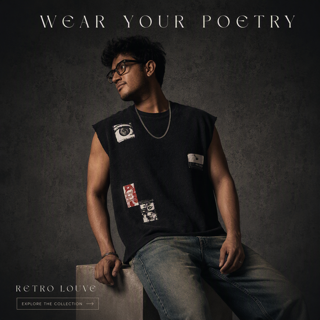 Retro Louve creative showing a model wearing a black graphic tank, headlined Wear your poetry