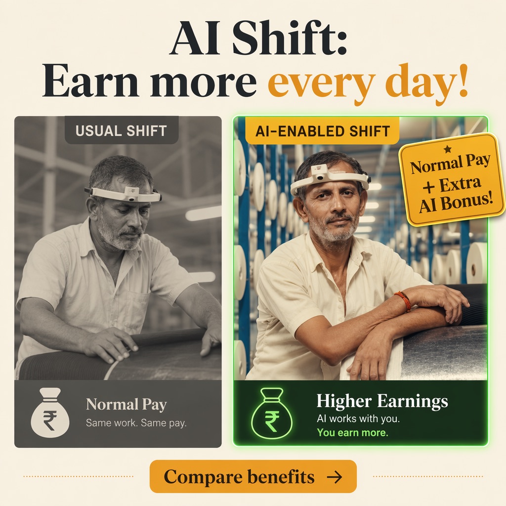 BHarat AI Factory creative comparing a usual shift against an AI-enabled shift, with normal pay set against higher earnings