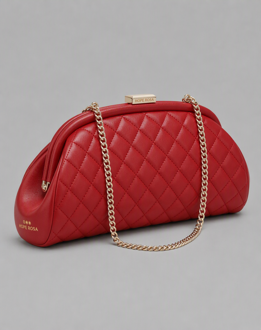 Vertical 4:5 studio product shot of the same red quilted clutch on a plain grey background