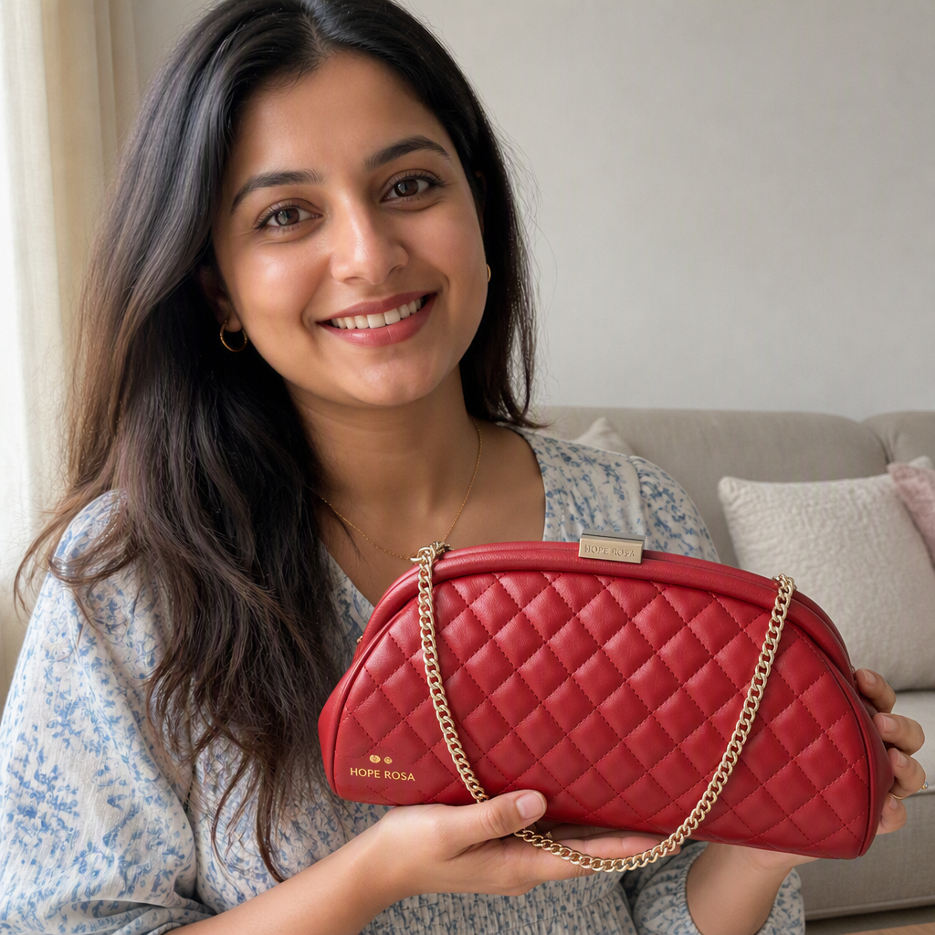 Square 1:1 lifestyle shot of a red quilted leather clutch held in natural light