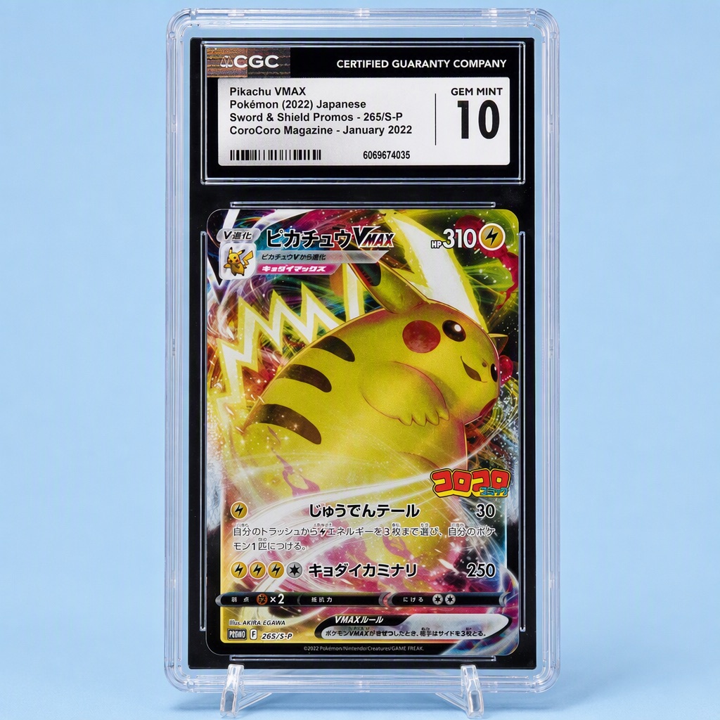 A graded trading card in its slab, photographed square on a soft blue background