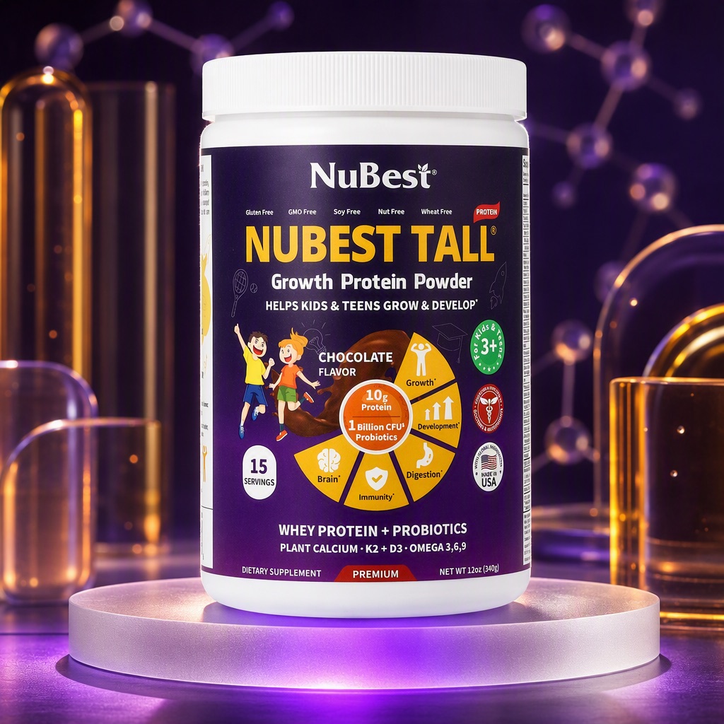 NuBest supplement jar on a purple-lit studio set with geometric blocks