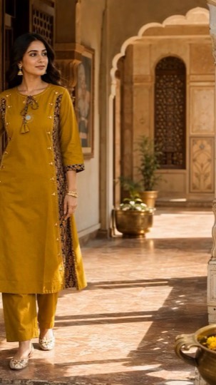 The still Animate started from: A mustard kurta set in a sunlit courtyard, animated from a single styled still.